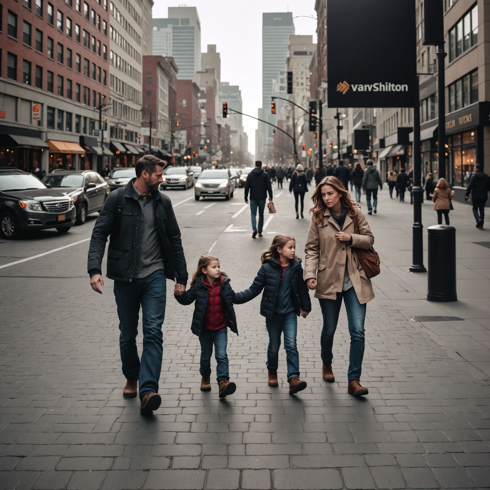 Hyperrealistic Downtown Family Scene in Cinematic HDR