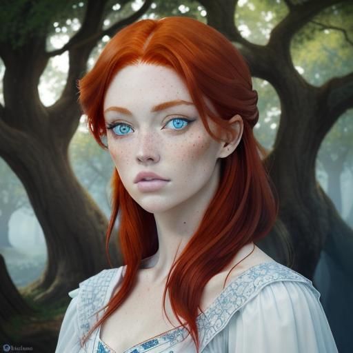 Watercolor Portrait of Redhead with Oak Tree