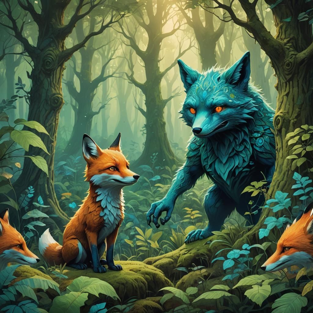 Monster and Fox Friendship: Surrealist Concept Art