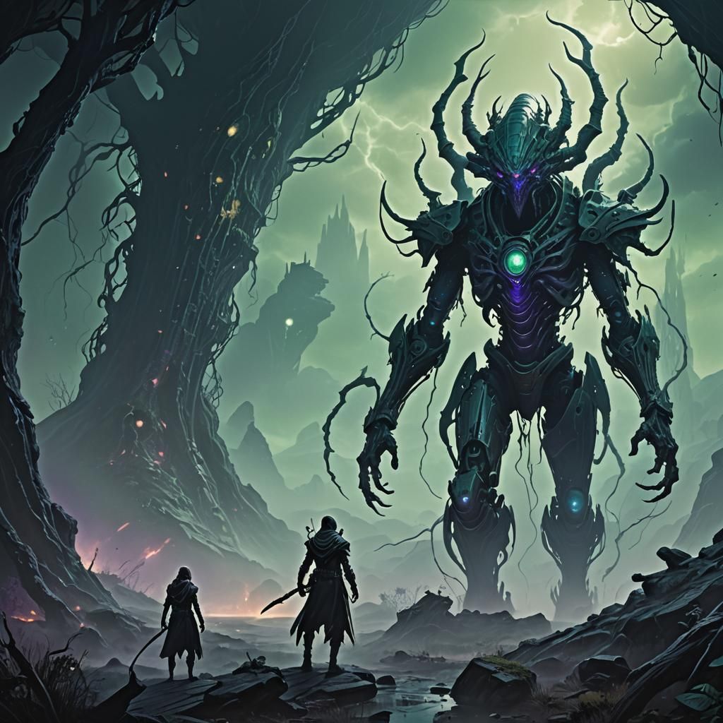 Alien Assassin in Dark Fantasy Landscape, Concept Art