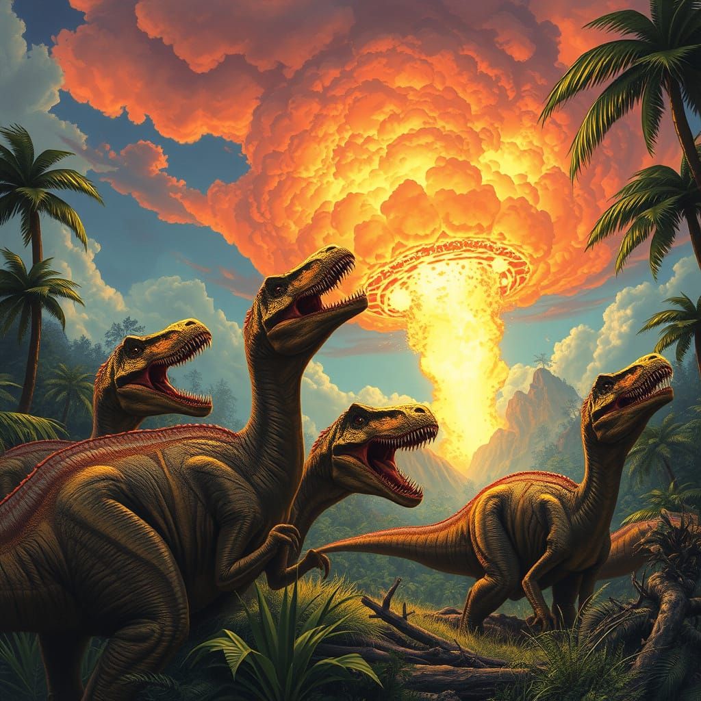 Dinosaur Meteor Strike in Prehistoric Jungle Landscape