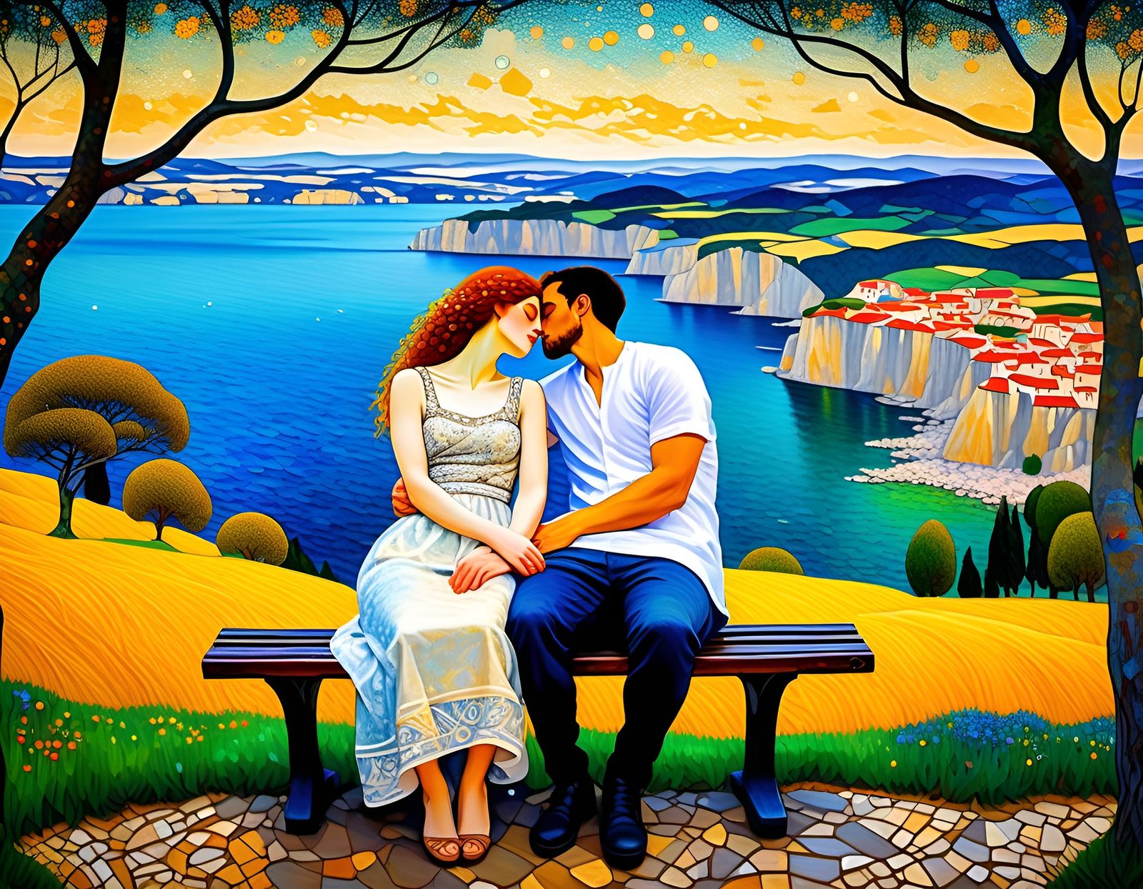 Couple in Picturesque Scene, Gustav Klimt Art Style