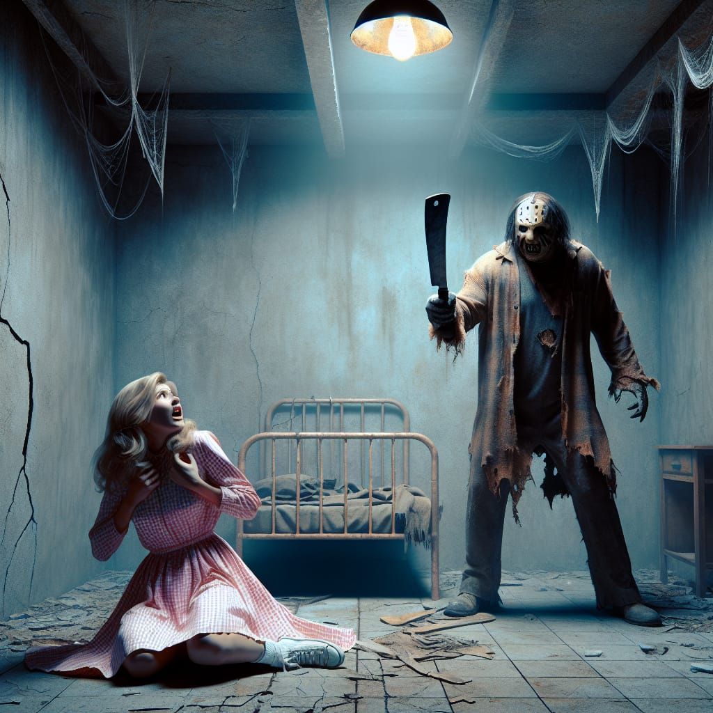 Terrified Woman Confronts Villain in Gloomy Basement