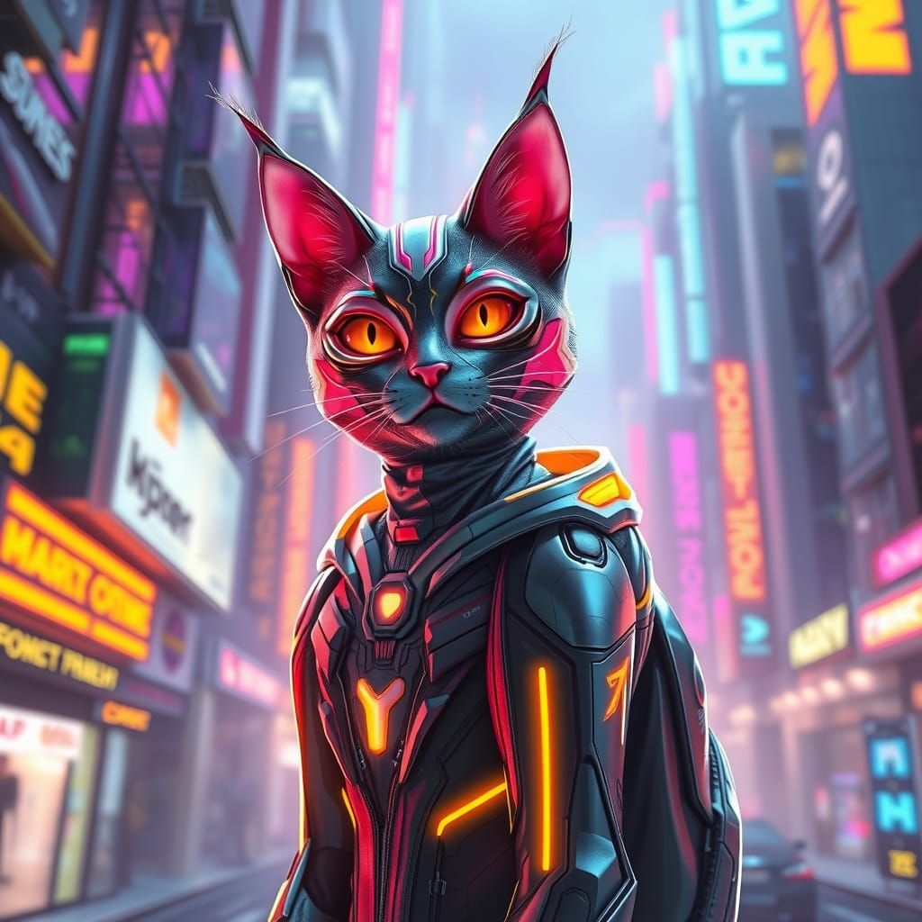 Cyber Cat in Neon Cityscape