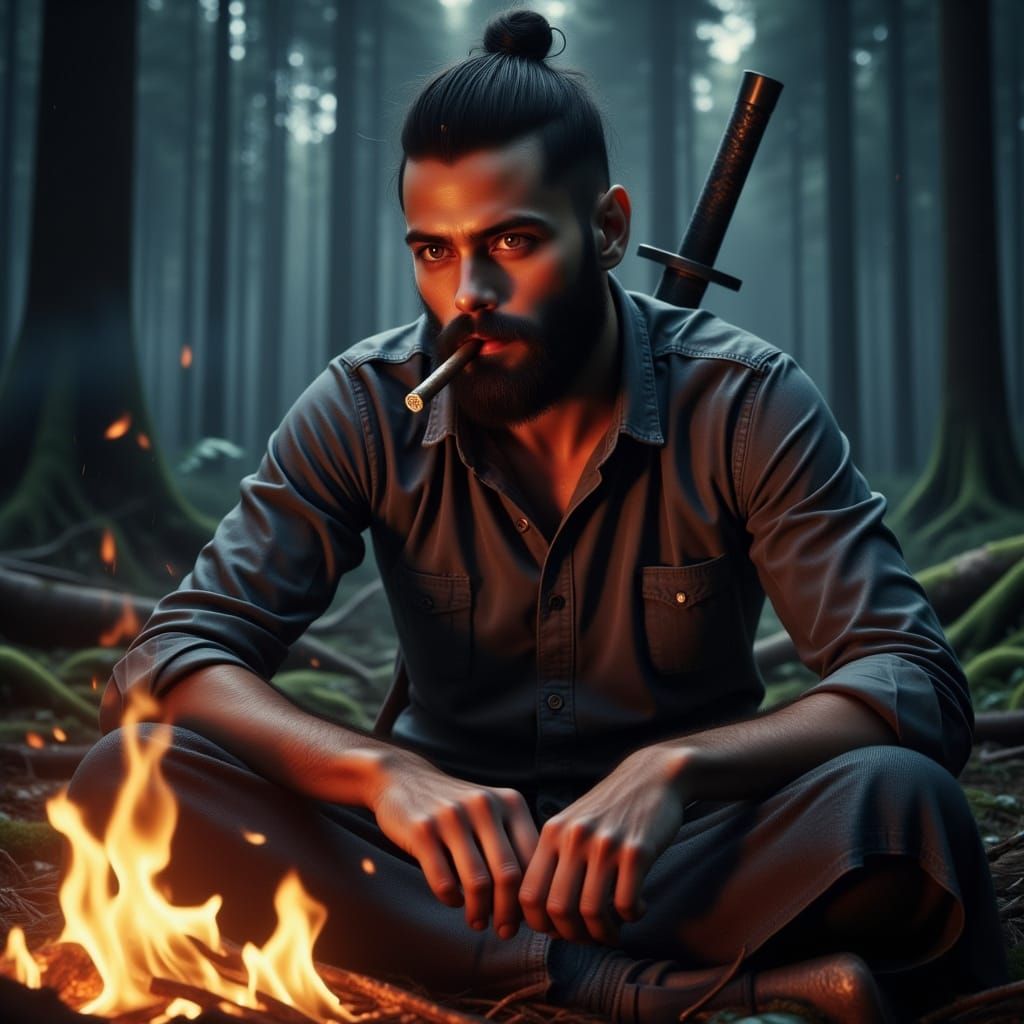 Hyperrealistic Portrait of a Man in a Dark Forest, Smoking a...