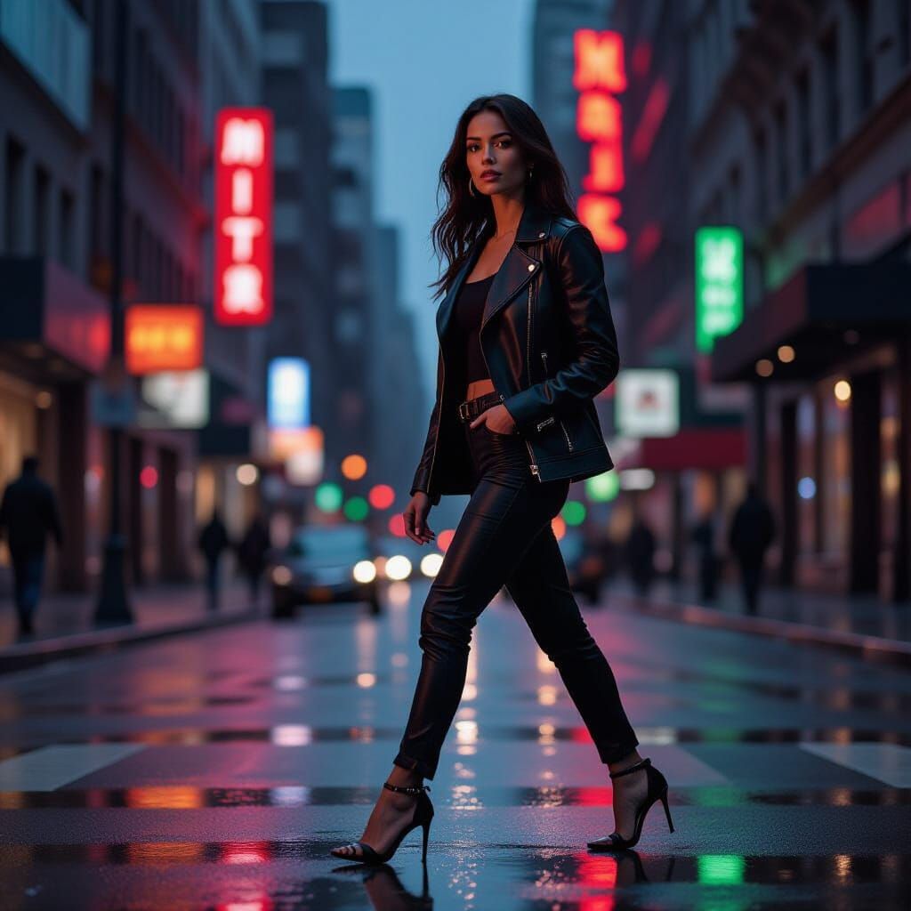 Woman Walking in City at Dusk: Realistic Photography