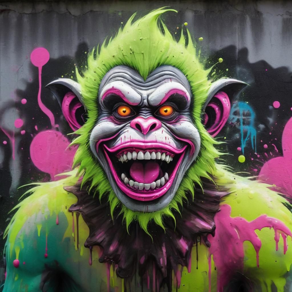Fluorescent Monkey Monster Clown Street Art Portrait