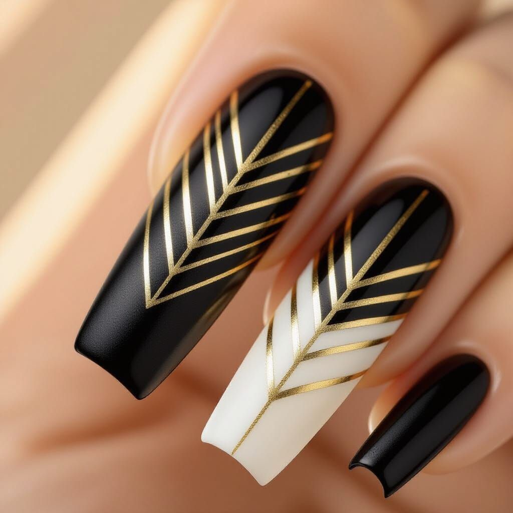 Art Deco Black and Gold Nail Art with Geometric Patterns