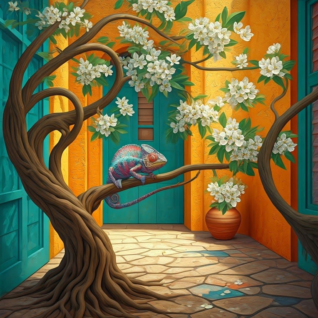 Vibrant Cubist Patio Scene with Chameleon