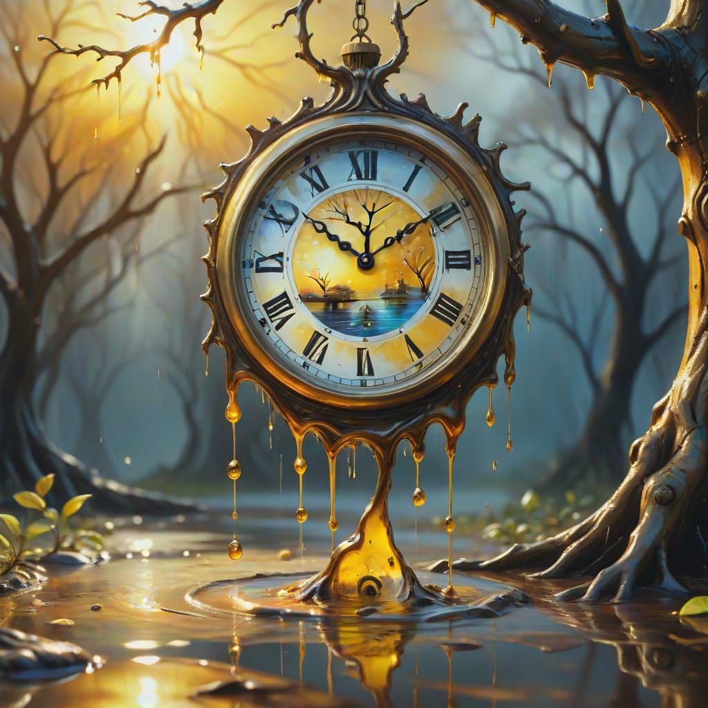 Surreal Melting Clock Drips in Golden Light