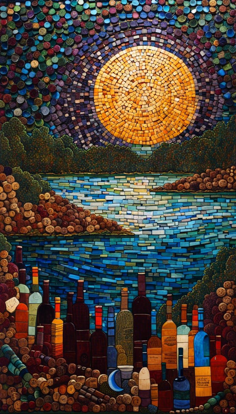 Mosaic Moon Over Lake Made of Wine Bottles