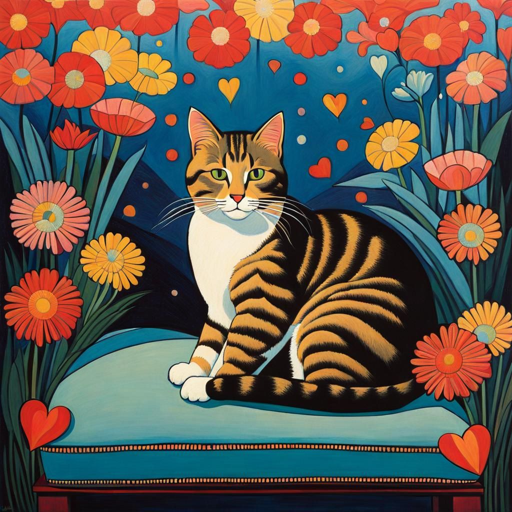 Cat Surrounded by Flowers, in Art Style