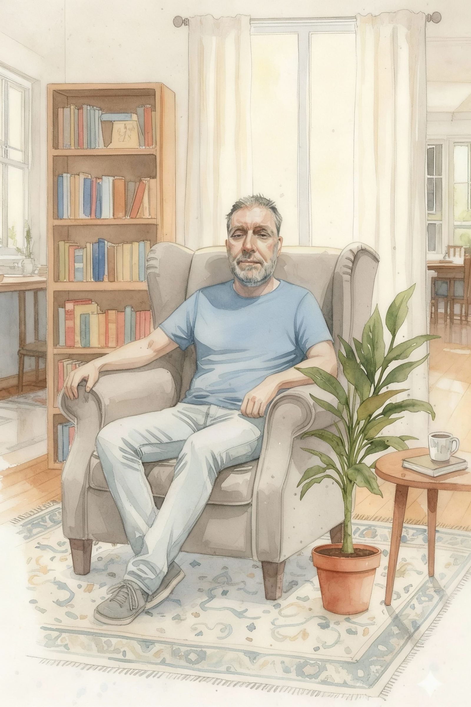 Man Relaxing Outside House in Colored Sketch Style