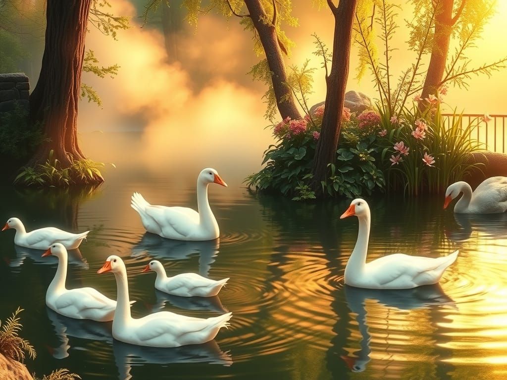 Geese Swim in Pond with Golden Light