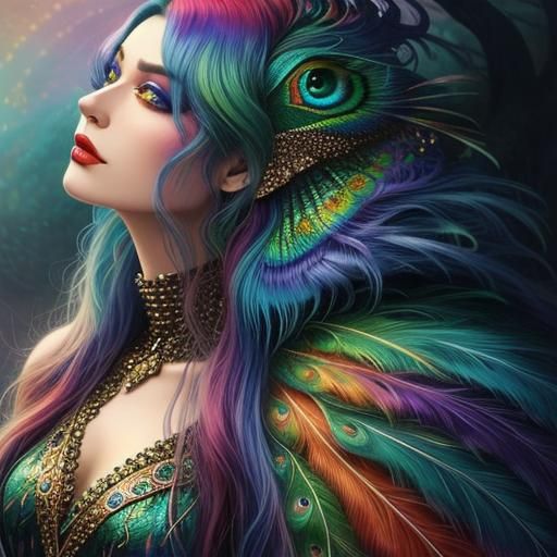 Fantasy Woman with Dragon Scales and Peacock Hair