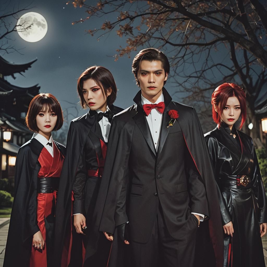 Vampire and Kimono Trio in Cinematic Style