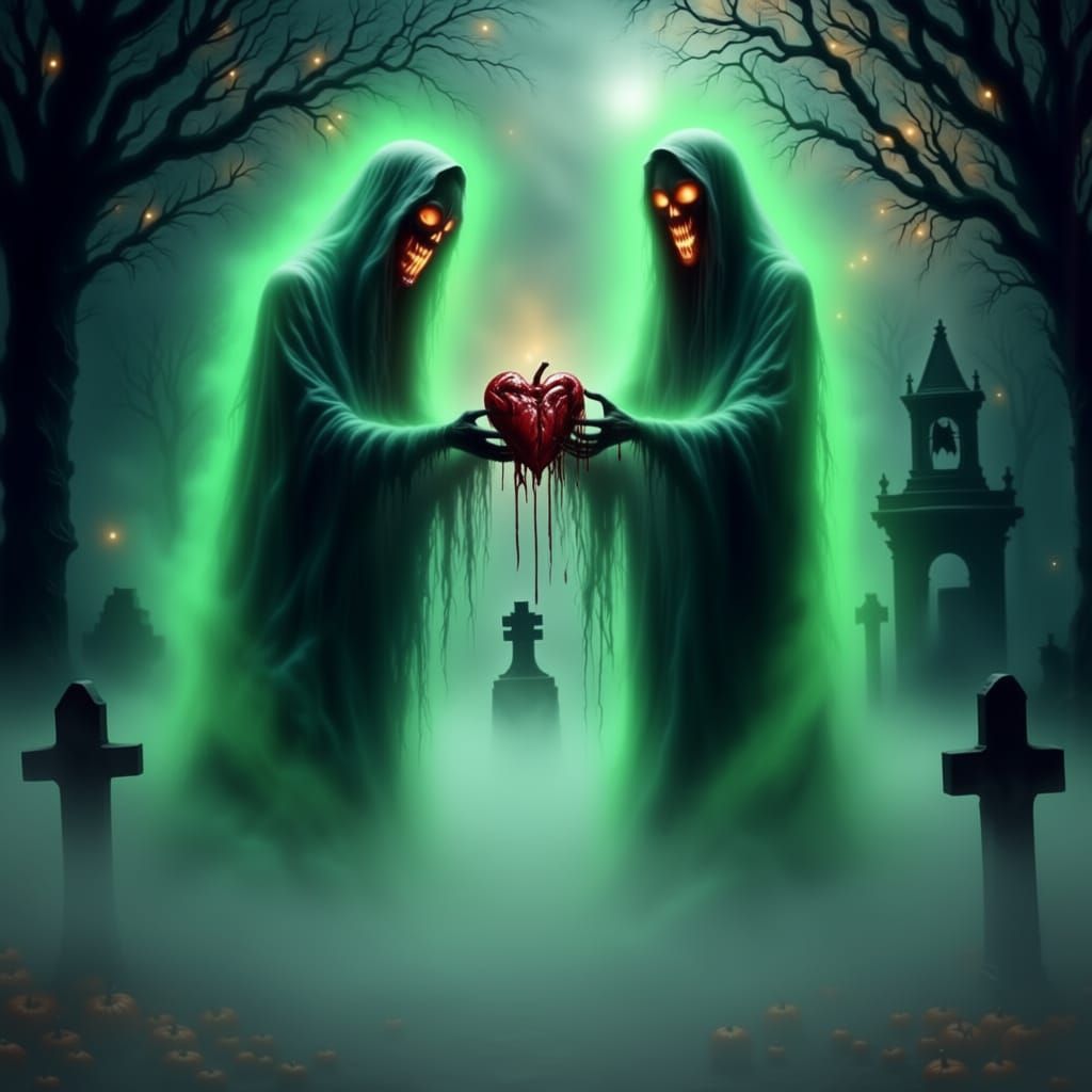 Eerie Graveyard Scene With Ghostly Figures