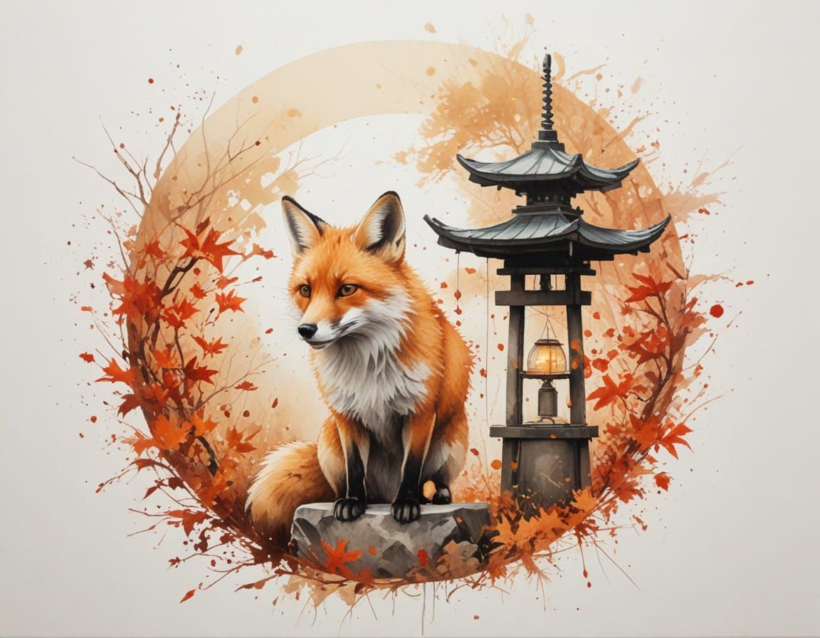 Autumn Shinto Shrine: Fox Guards Sacred Gate