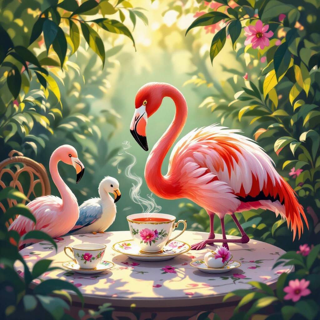 Pink Flamingo Enjoys Tea Party With Bird Friends on Patio