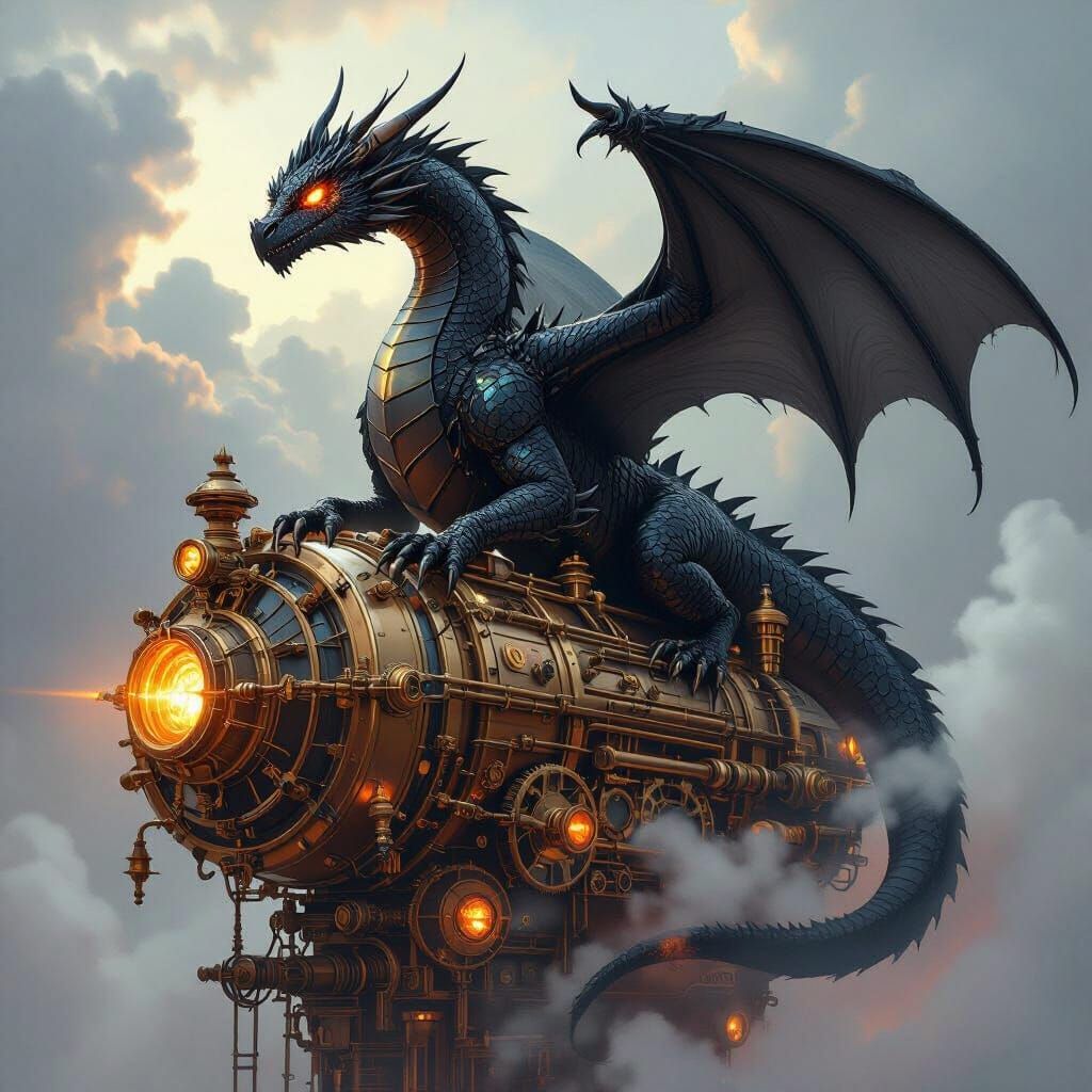 Colossal Black Dragon on Steampunk Engine