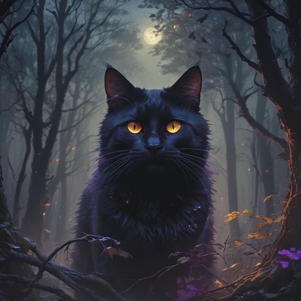 Mystical Black Cat in Eerie Forest: Fantasy Art
