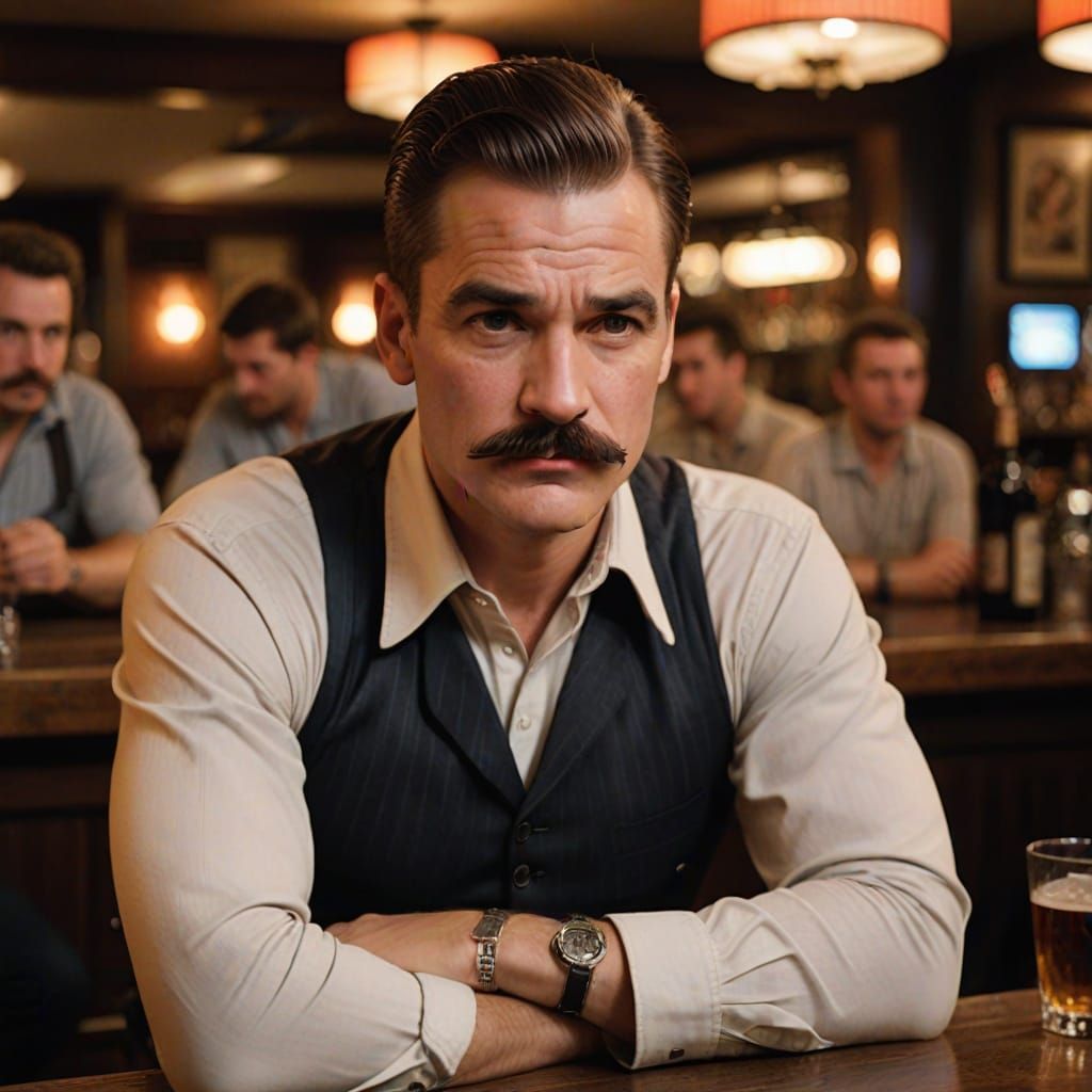 Wistful Man with Crew Cut at Bar