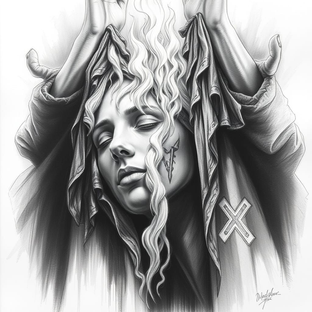 Biblical Warrior in Fiery Charcoal Drawing