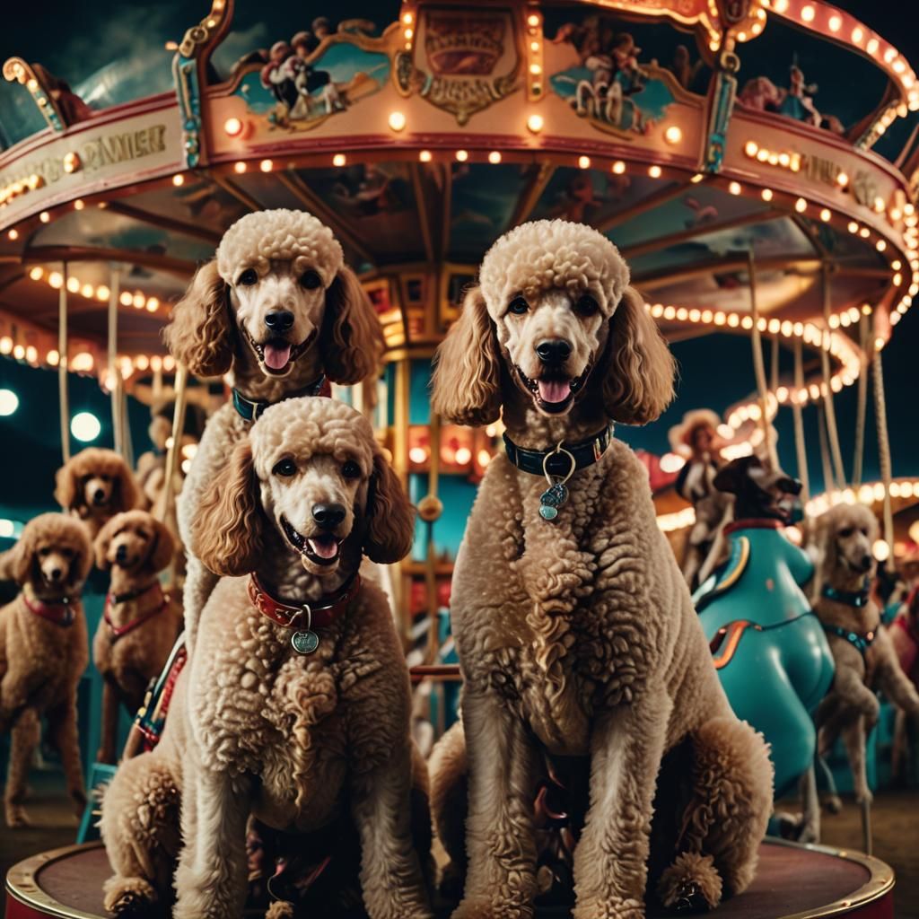 Realistic Poodles on Merry-Go-Round: Cinematic Film Still