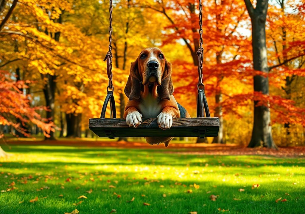 Basset Hound on Swing in Hyperrealistic Autumn Park