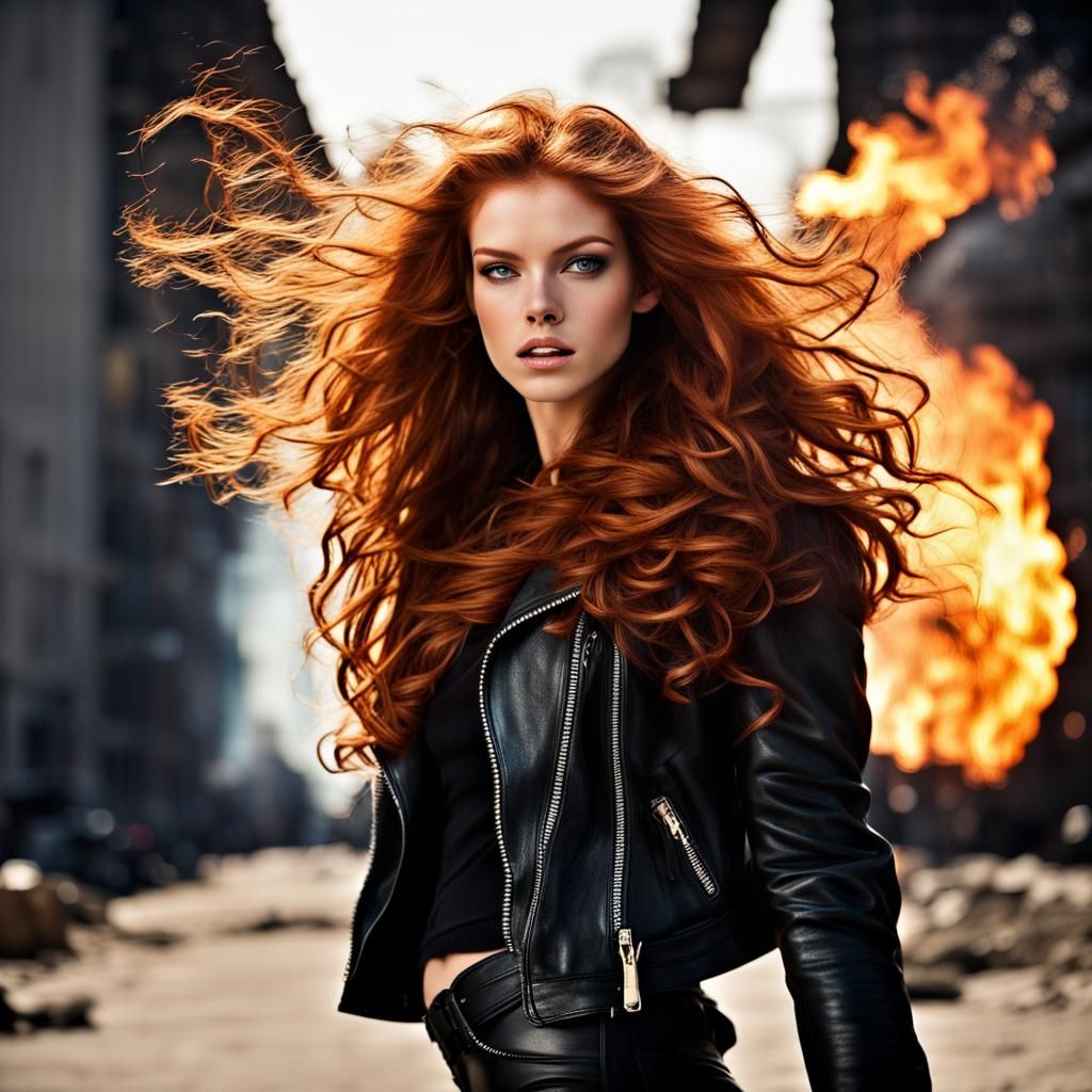 Fiery Redhead: A Hyperrealistic Post-Apocalyptic Portrait