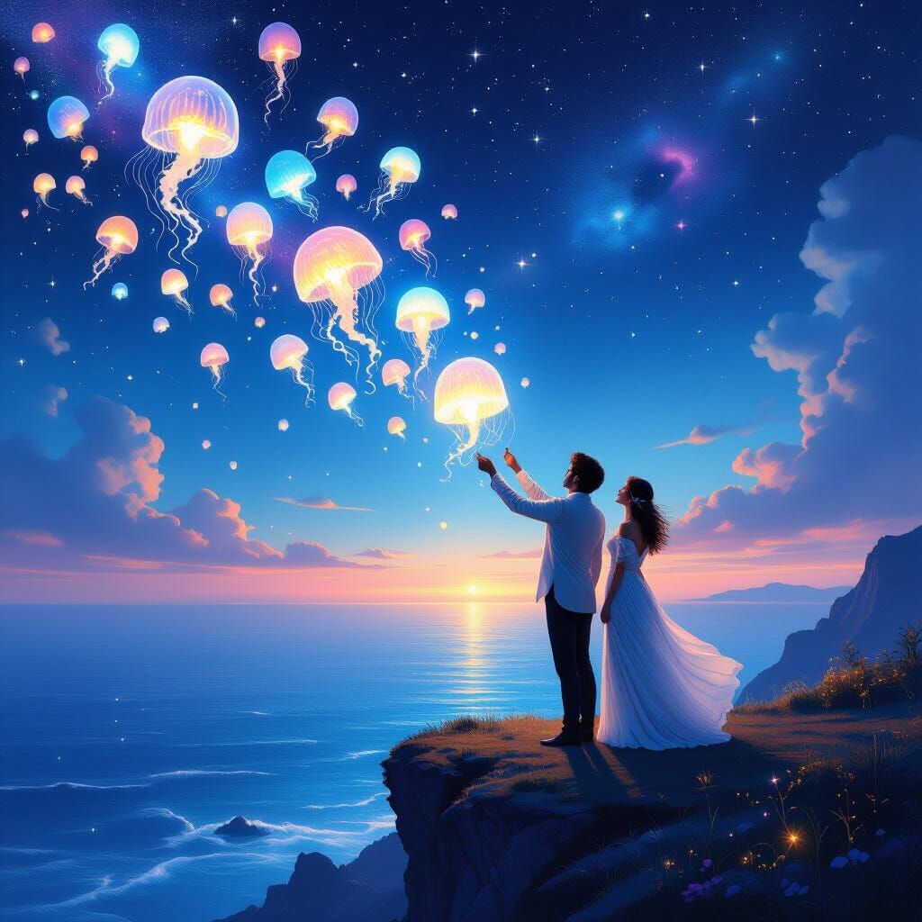 Cosmic Lanterns: A Surrealist Couple's Dream