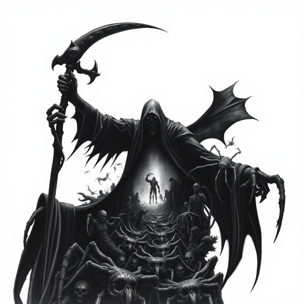 Grim Reaper Silhouette with Horror Landscape