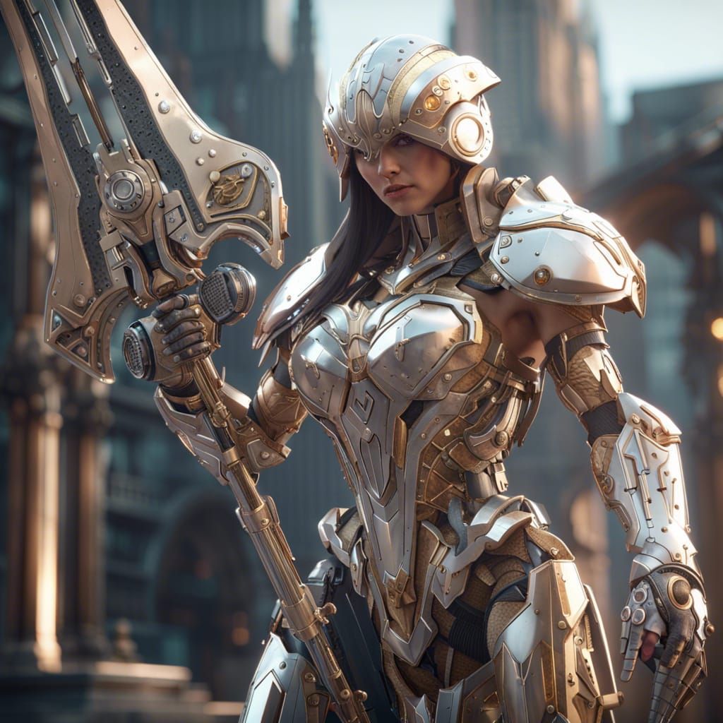 Futuristic Athena Wielding Sword in Sci-Fi Setting