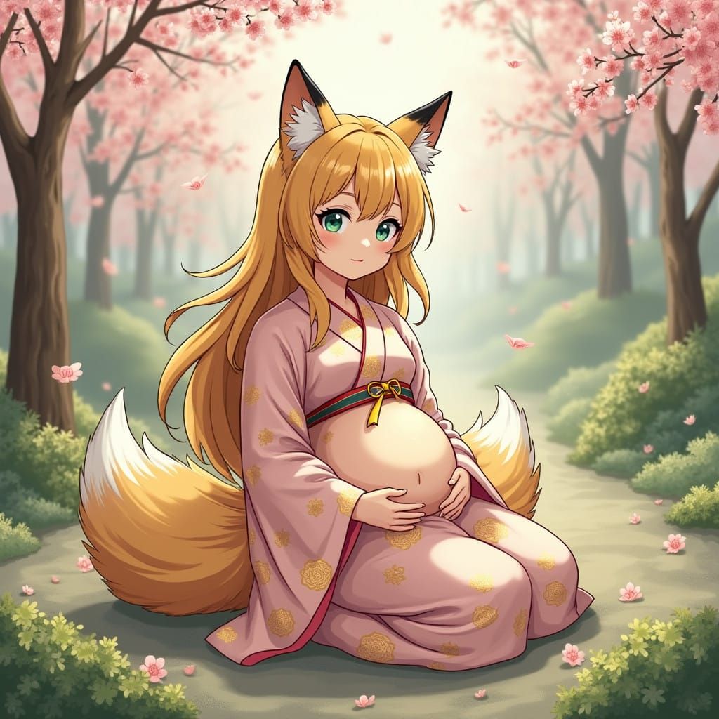 Surreal Anime-Inspired Scene of a Pregnant Fox Girl in a Pas...