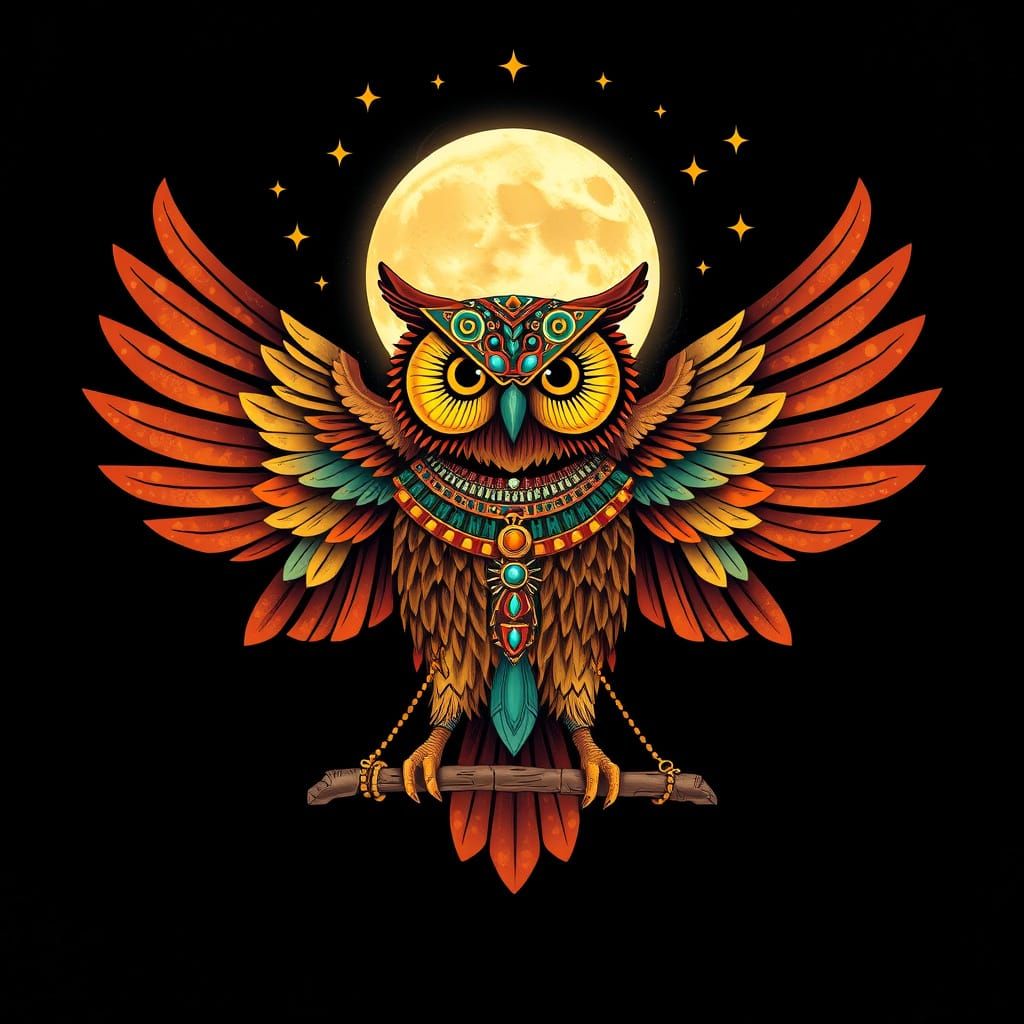 An owl with outstretched wings, adorned in ancient Egyptian ...