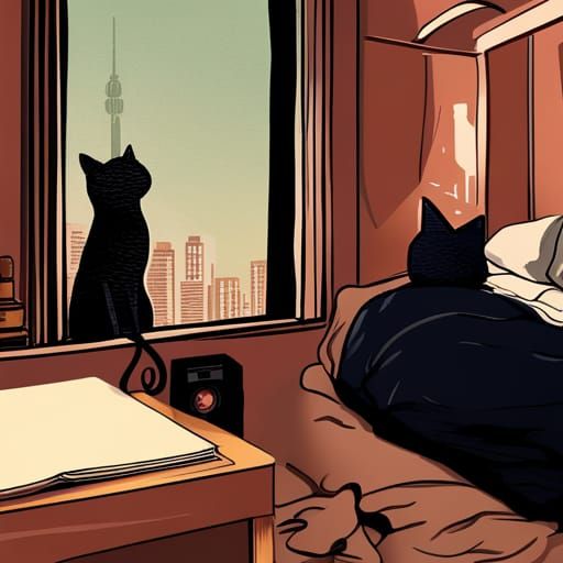 Cozy Lo-fi Cat Gazing at Sunset City