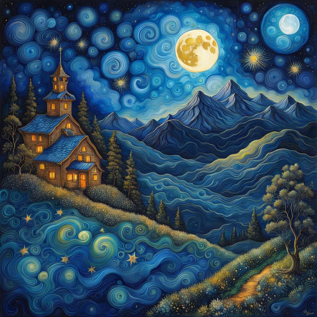 Blue Moon Starry Night Alcohol Ink Illustration