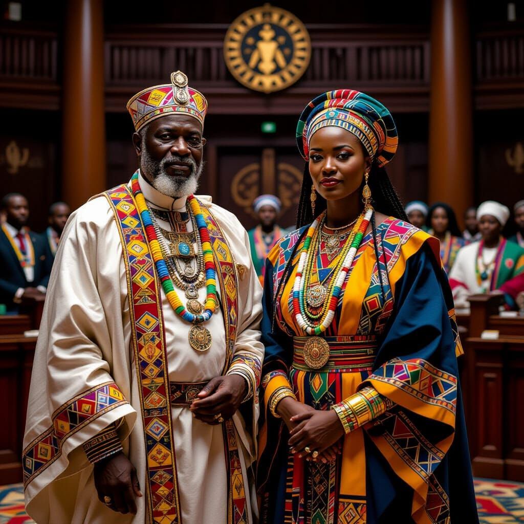 African Lord and Priestess in Council Chamber, Figurative Ar...