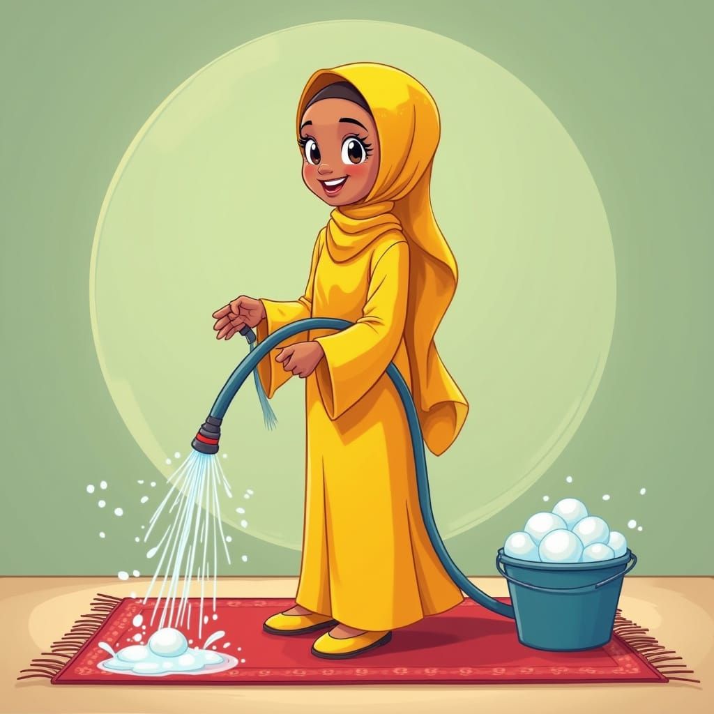 Happy Hijabi Woman Cleans Carpet in Cartoon Style