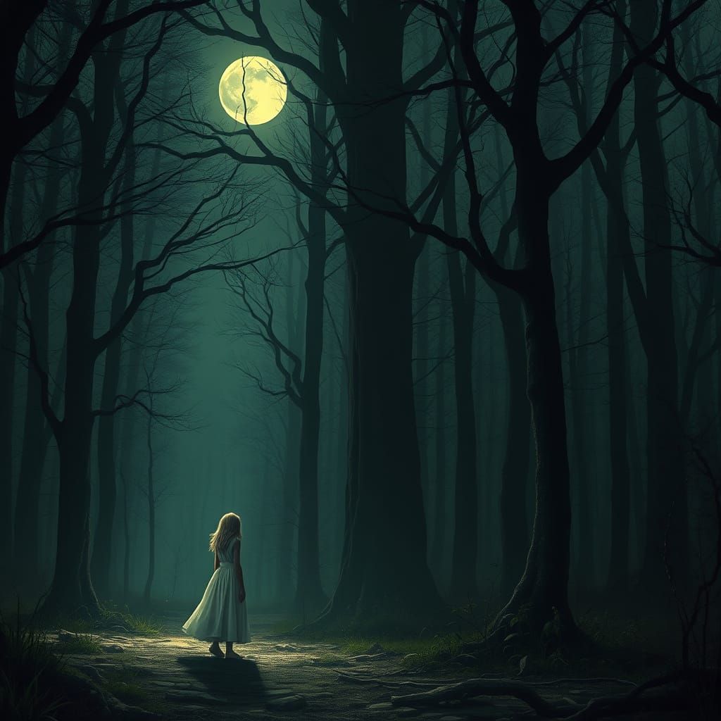 Mysterious Girl in a Haunted Moonlit Forest