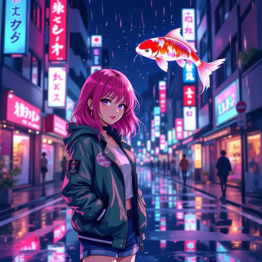 Pink-Haired Woman on Neon Tokyo Street at Night