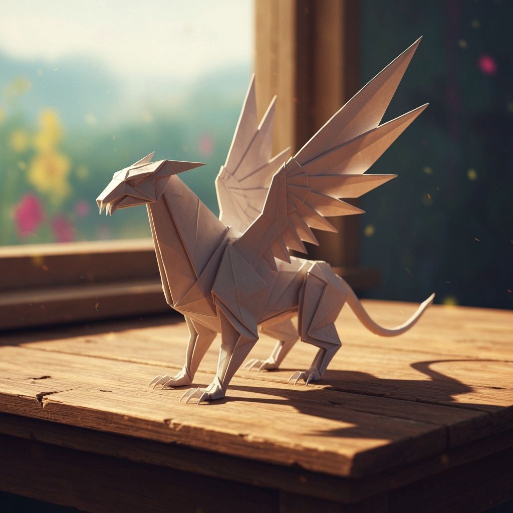 Paper Origami Griffin on Wooden Table