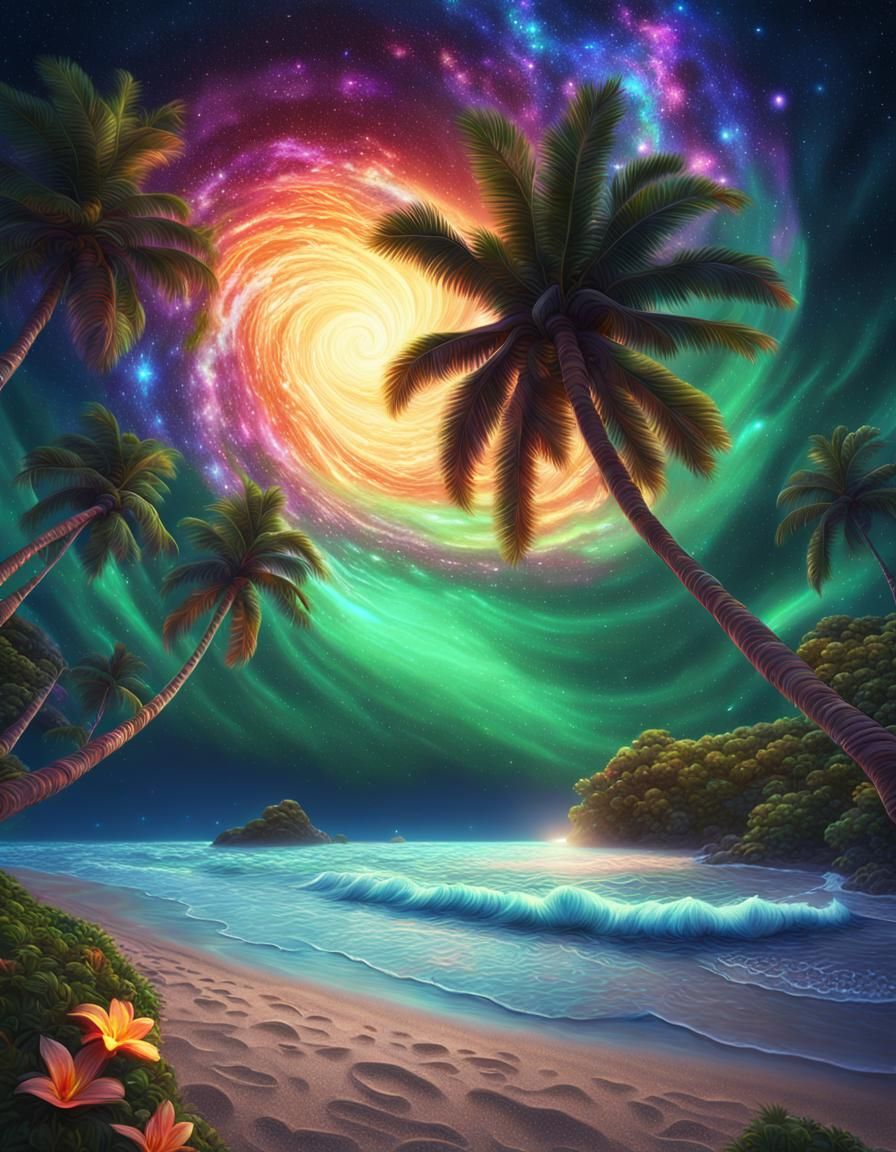 Hawaiian Beach Under Galactic Nebula Sky