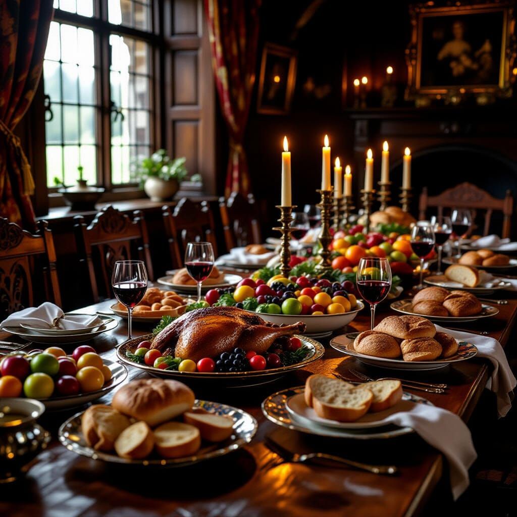 Medieval Feast on Oak Table by Candlelight