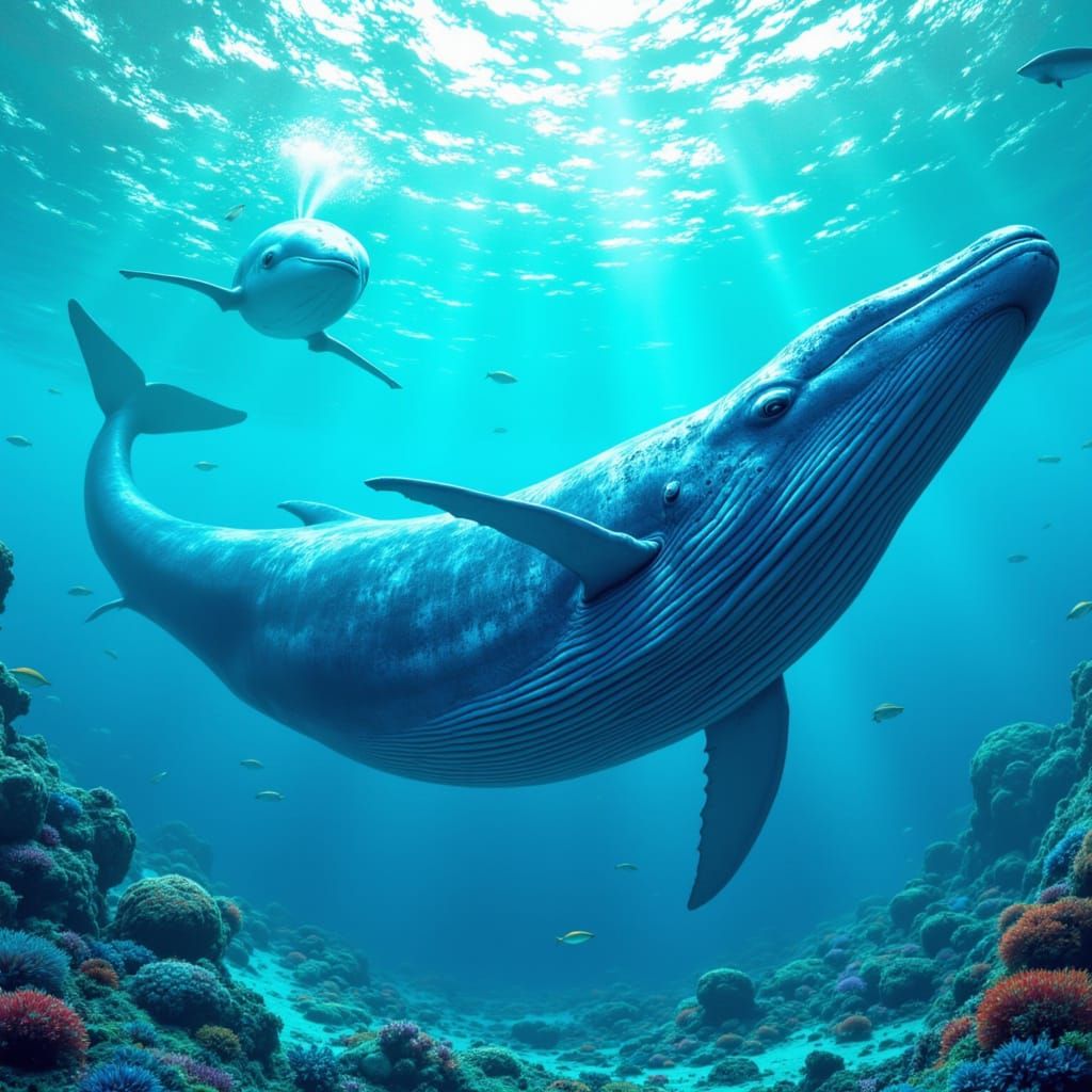 Blue Whale in Florescent Sea, 3D Cinematic Art