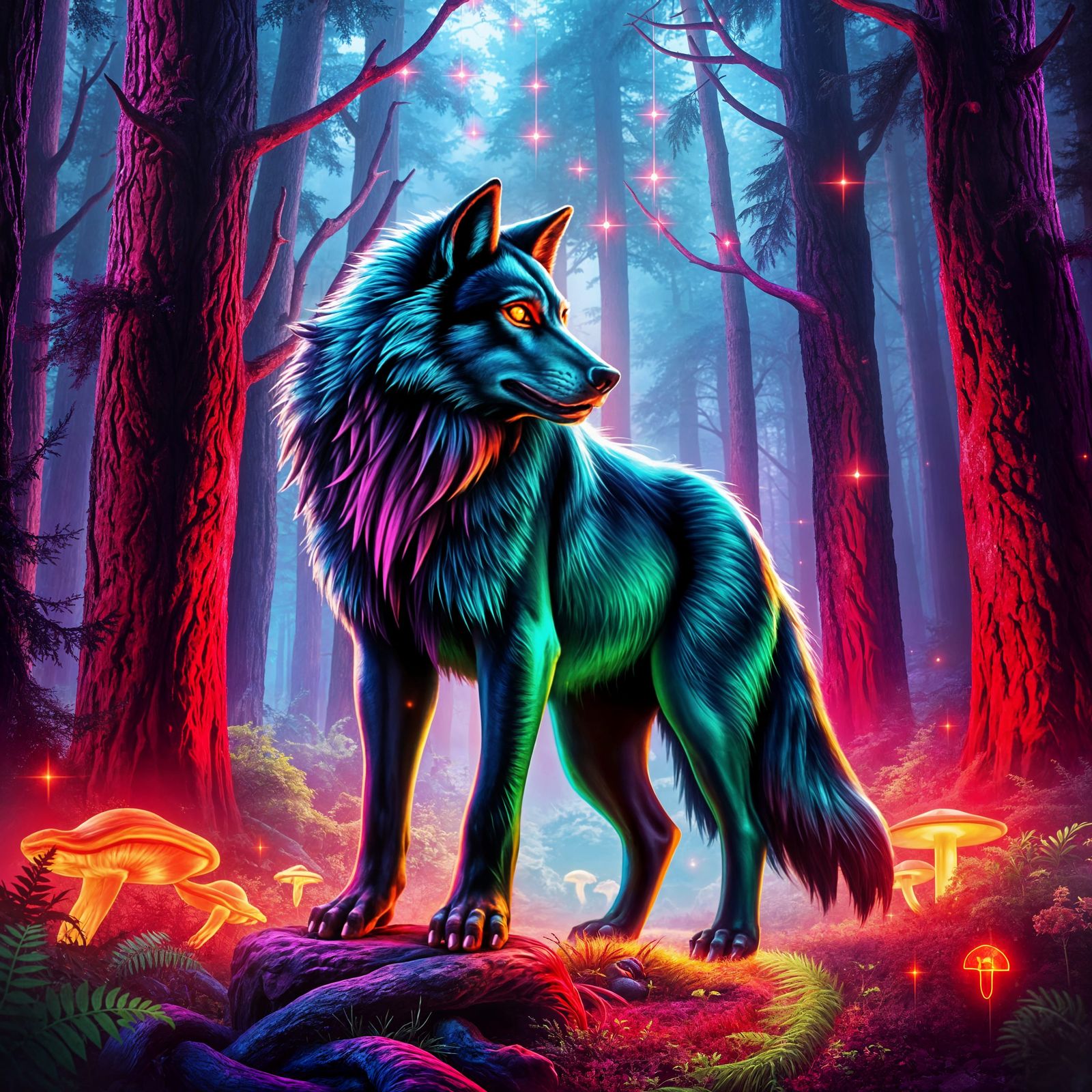 Neon Werewolf in Enchanted Forest: Fantasy Style