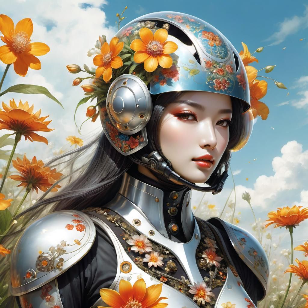 Cyborg Girl with Flower Helmet in Sunny World