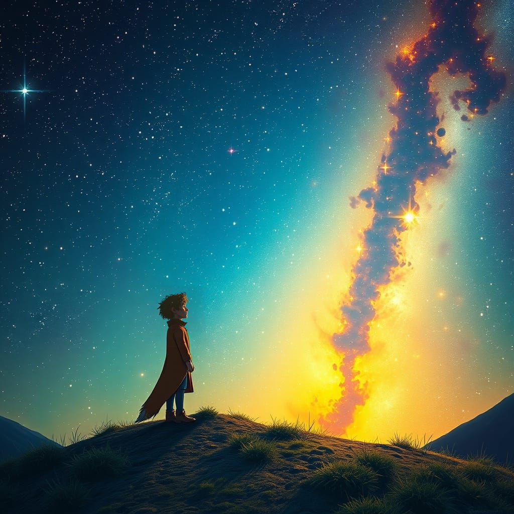 The Little Prince in a Celestial Nighttime Scene