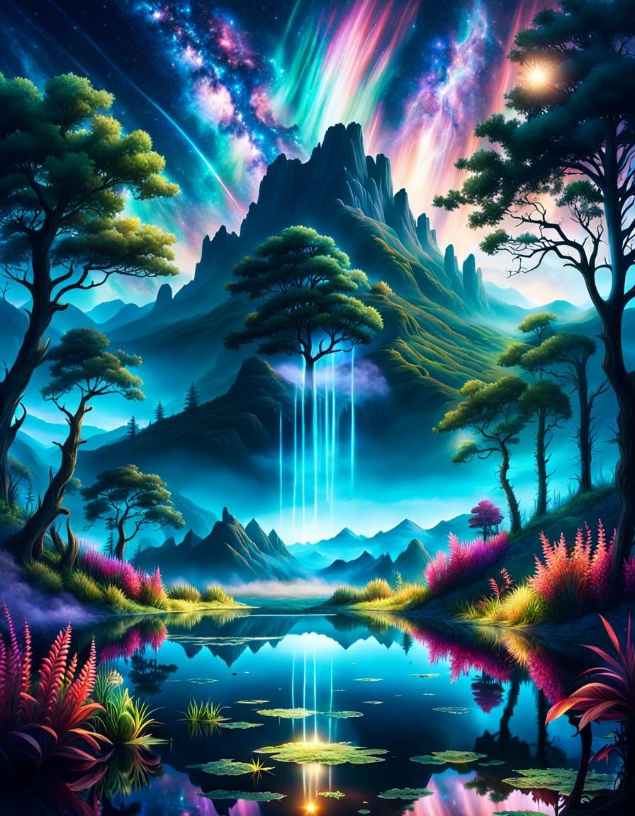 Translucent Night Landscape with Galaxy and Alien Plants