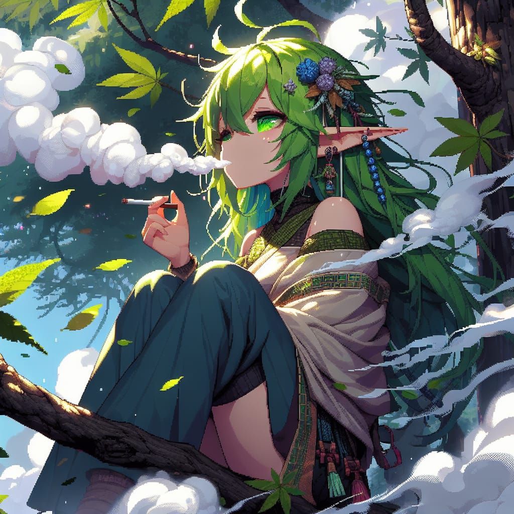 Pixel Art Elf Girl Smoking on Branch